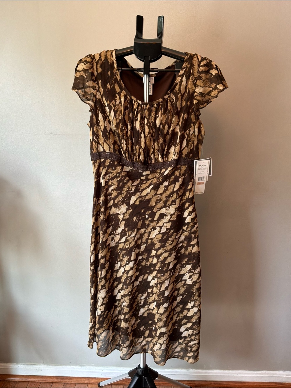 Vintage Dorby Brown & Cream Printed Midi Dress with Empire Waist